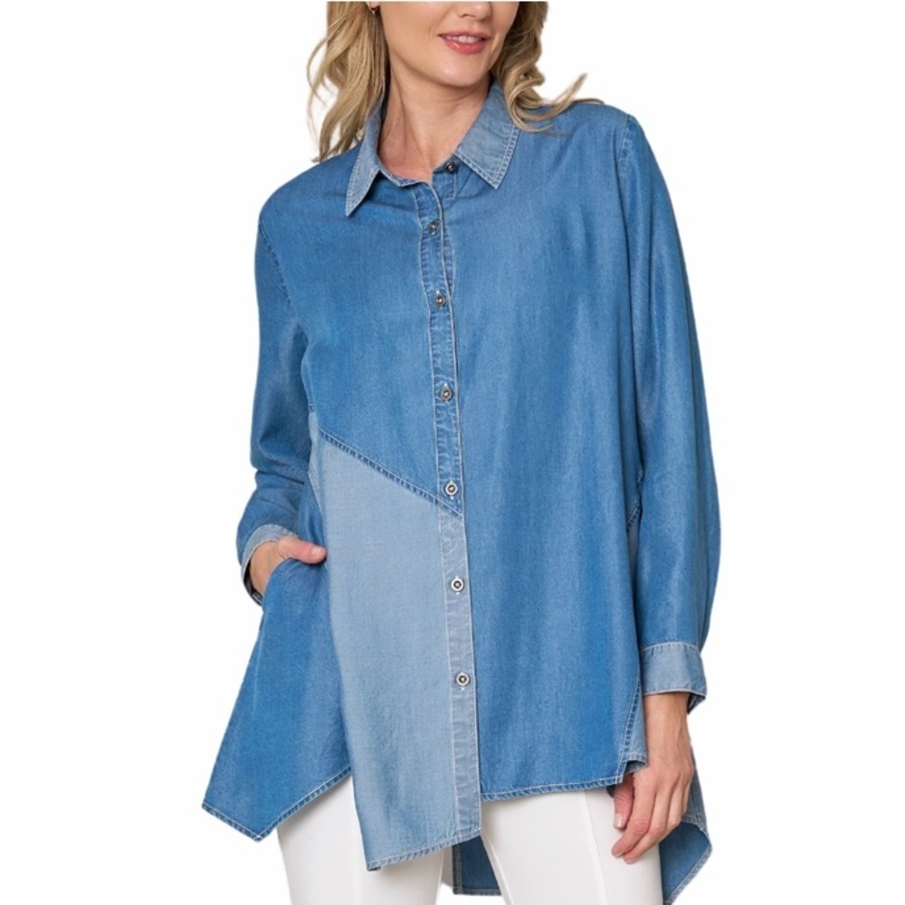 Stella Carakasi Crossroads Tencel Blue Shades Tunic. Asymmetrical Hem, Pockets